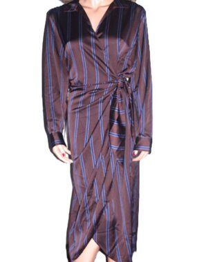Loft Chocolate Navy Blue Striped Wrap Dress XL
